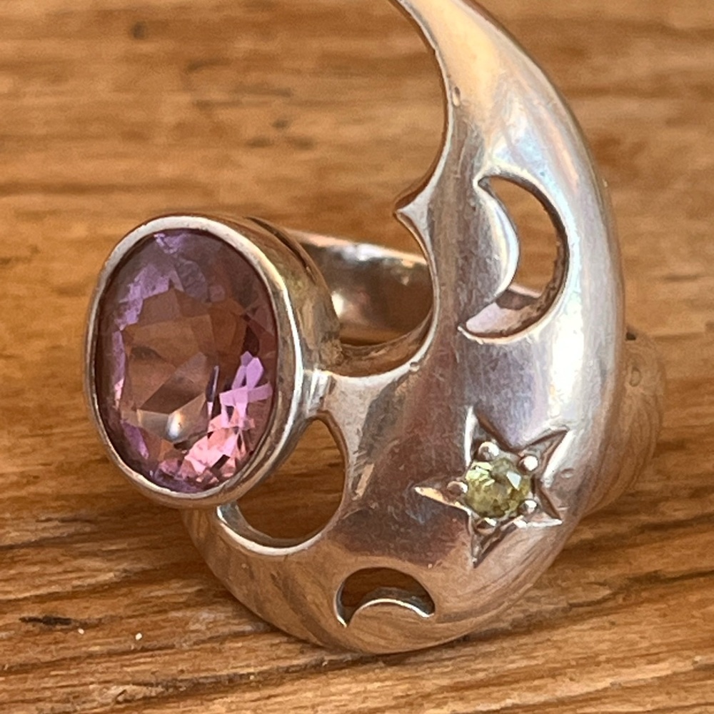 VTG 925 Sterling Silver Moon Star Ring Amethyst Size 6 Celestial